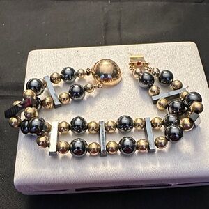 Vintage 14k Gold Filled & Polished Hematite Bead Statement Necklace